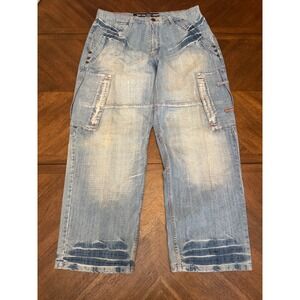 Five‎ Elementz Baggy Cargo Jeans Mens 38x32 Light Wash Y2K Wide Leg Streetwear